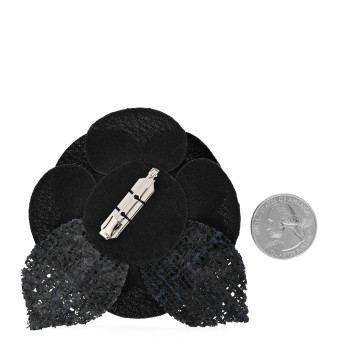 CHANEL Tweed Fabric Camellia Pin Brooch Navy Black