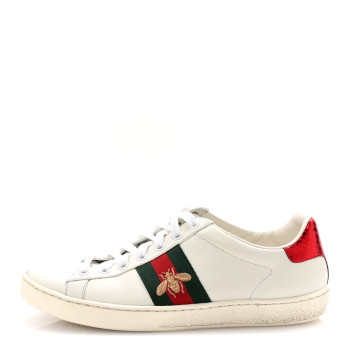 GUCCI Calfskin Ayers Bee Embroidered Womens Ace Sneakers 37 White Red Flame Green
