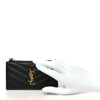 SAINT LAURENT Grain De Poudre Matelasse Chevron Monogram Fragments Zippered Card Case Black