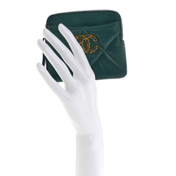 CHANEL Lambskin Quilted Chanel 19 Zip Card Holder Wallet Dark Green