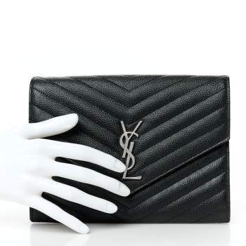 SAINT LAURENT Grain De Poudre Matelasse Chevron Monogram Envelope Clutch Black