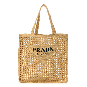 PRADA Yarn Raffia Effect Crochet Logo Embroidered Tote Bag Naturale