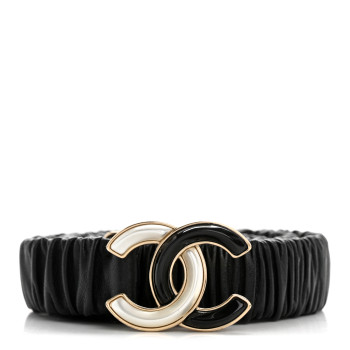 CHANEL Lambskin Metal Ruched Chain CC Belt 75 30 Black White