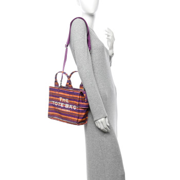 MARC JACOBS Cotton Canvas Striped Mini The Traveler Tote Bag Purple Multicolor