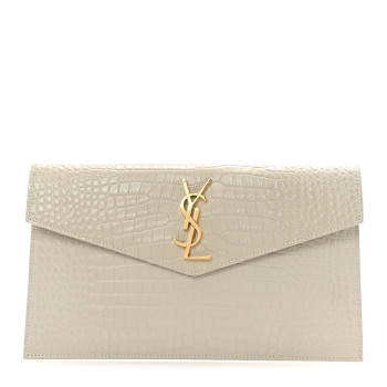 SAINT LAURENT Calfskin Crocodile Embossed Uptown Monogram Clutch Crema Soft