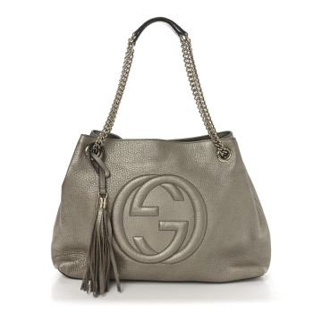 GUCCI Metallic Pebbled Calfskin Medium Soho Chain Shoulder Bag Golden Beige