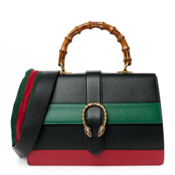 GUCCI Calfskin Bamboo Web Large Dionysus Top Handle Bag Black Bright Evergreen Hibiscus Red