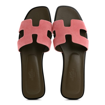 HERMES Suede Goatskin Oran Sandals 37.5 Rose Du Desert
