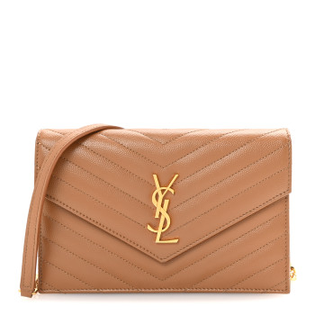 SAINT LAURENT Grain De Poudre Matelasse Chevron Monogram Envelope Chain Wallet Natural Dark