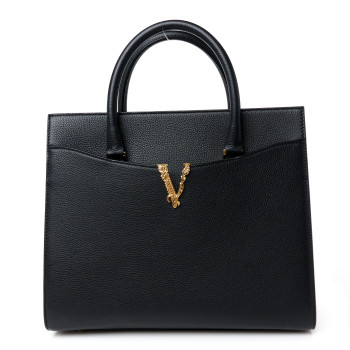 VERSACE Grained Calfskin Large Virtus Top Handle Shoulder Bag Black