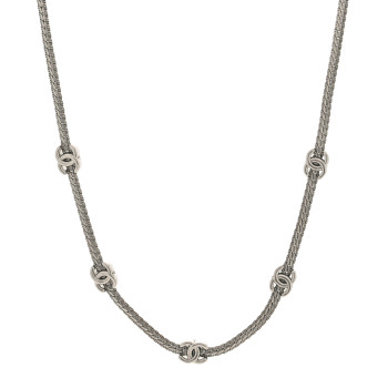 CHANEL Metal CC Short Chain Necklace Silver