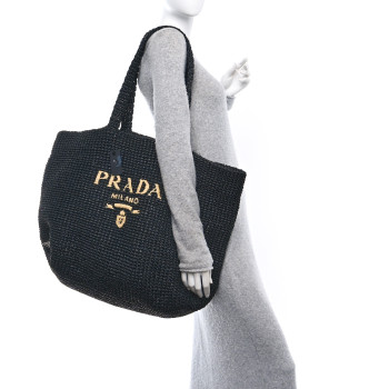 PRADA Yarn Raffia Effect Crochet Logo Tote Black