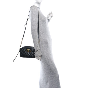 GUCCI Calfskin Matelasse Small GG Marmont Chain Shoulder Bag Black
