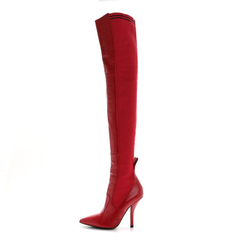 FENDI Vitello Lucido Stretch Fabric Striped Rockoko Thigh High 105mm Sock Boots 37 Fragola Black