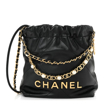 CHANEL Shiny Calfskin Quilted Pearl CC Chain Mini Chanel 22 Black