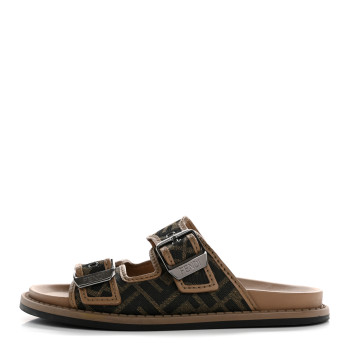 FENDI Fabric Jacquard Nappa FF Mens Fendi Feel Buckled Slide Sandals 5 Tobacco Black Miele Scuro