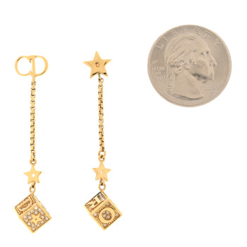 CHRISTIAN DIOR Metal Crystal Lucky Square Drop Earrings Gold
