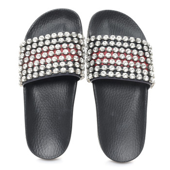 GUCCI Calfskin Crystal Embellished Web Slide Sandals 36 Blue Red