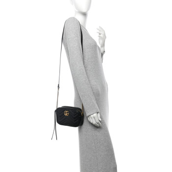 GUCCI Calfskin Matelasse Mini GG Marmont Chain Shoulder Bag Black