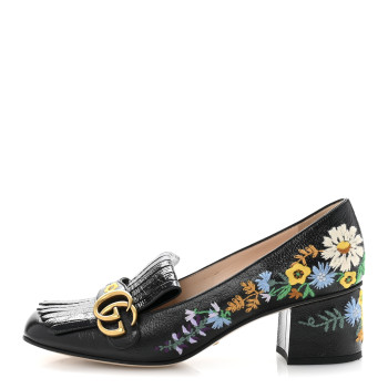 GUCCI Skipper Calfskin Floral Embroidered GG Marmont Fringe 50mm Loafer Pumps 40 Black