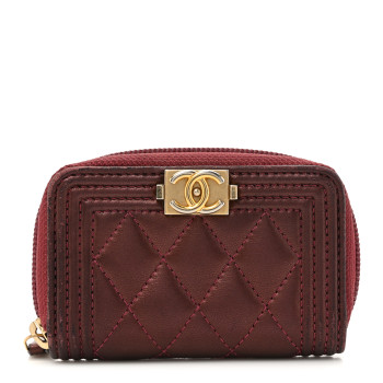 CHANEL Lambskin Quilted Boy Zip Around Coin Purse Wallet Burgundy