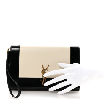 SAINT LAURENT Lambskin Patent Monogram Cassandre Clasp Flap Pouch Off White Black