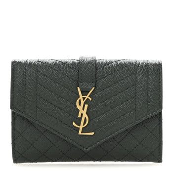 SAINT LAURENT Grain De Poudre Textured Mixed Matelasse Triquilt Small Monogram Envelope Wallet Dark Green