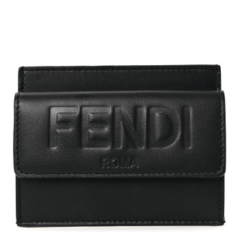 FENDI Vitello King Tamponato Logo Embossed Fold Over Card Holder Wallet Black