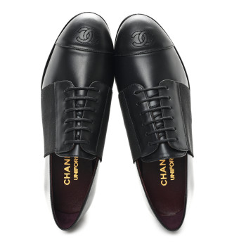 CHANEL Calfskin Elastic Lace Up Cap Toe CC Loafers 36.5 Black