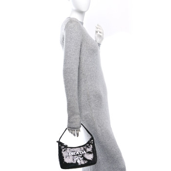 PRADA Paillettes Sequin Mini Re-Edition 2000 Bag Black White