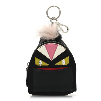 FENDI Nylon Shiny Nappa Nutria Fox Fur Monster Eyes Mini Backpack Charm Black Multicolor