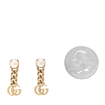 GUCCI Metal Pearl Double G Chain Drop Earrings Gold