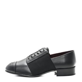 CHANEL Calfskin Elastic Lace Up Cap Toe CC Loafers 36.5 Black