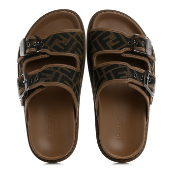 FENDI Fabric Jacquard Nappa FF Mens Fendi Feel Buckled Slide Sandals 5 Tobacco Black Miele Scuro