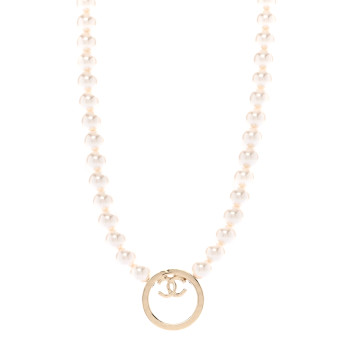 CHANEL Pearl CC Round Long Necklace Gold White