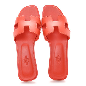 HERMES Box Calfskin Oran Sandals 38.5 Rouge Jaipur