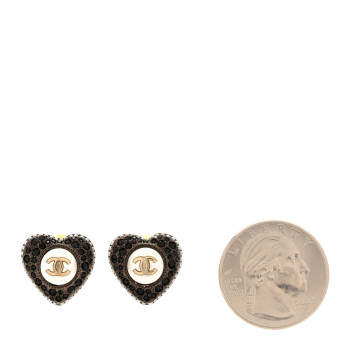 CHANEL Pearl Crystal CC Heart Earrings Gold Black