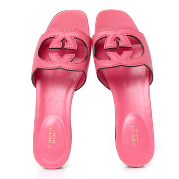 GUCCI Cosmos Softy Calfskin Interlocking G Cut Out Slide Sandals 38 Rhodamine Pink