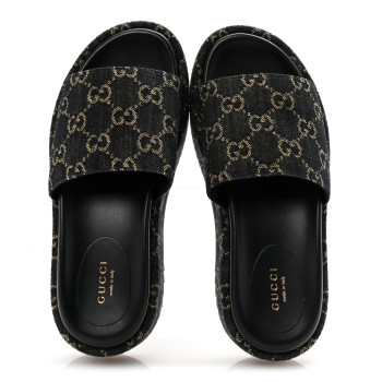 GUCCI Jacquard Black Denim GG Monogram Angelina Platform 55mm Slide Sandals 36.5 Black Ivory