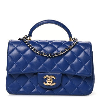 CHANEL Lambskin Quilted Mini Top Handle Rectangular Flap Dark Blue