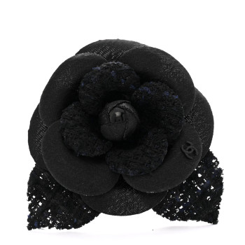 CHANEL Tweed Fabric Camellia Pin Brooch Navy Black