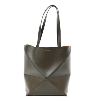 LOEWE Shiny Calfskin Medium Puzzle Fold Tote Dark Khaki Green