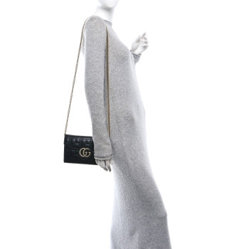GUCCI Calfskin Matelasse Mini Pearly GG Marmont Chain Wallet Black