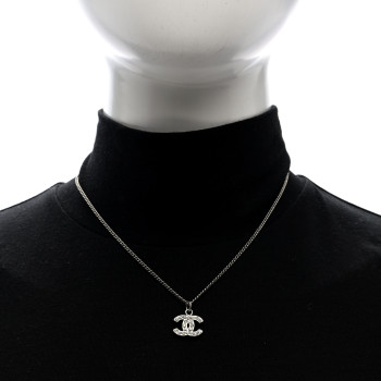 CHANEL Crystal CC Pendant Necklace Silver