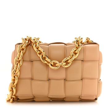 BOTTEGA VENETA Lambskin Maxi Intreccio Padded Chain Cassette Crossbody Bag Almond