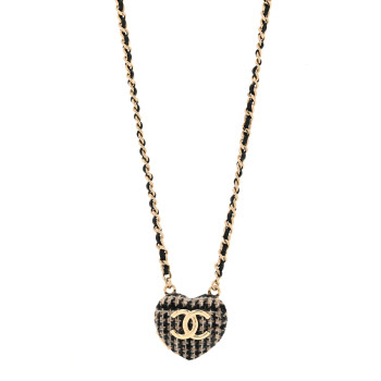CHANEL Tweed Lambskin CC Heart Locket Necklace Gold Black Beige