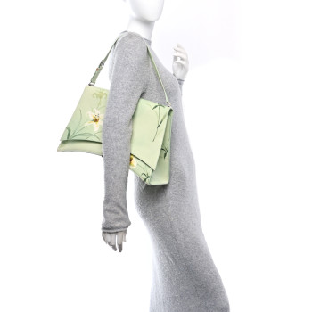 BALENCIAGA Shiny Paper Calfskin Floral Printed Large Crush Sling Bag Green