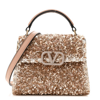 VALENTINO GARAVANI Sequin Crystal Embroidered Mini Vsling Top Handle Bag Light Peach Rose Mist