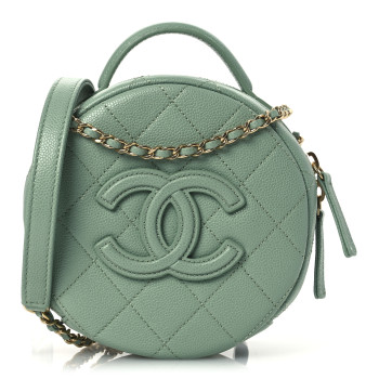CHANEL Caviar Quilted Small Round Vanity With Chain Light Green