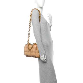 BOTTEGA VENETA Lambskin Maxi Intreccio Padded Chain Cassette Crossbody Bag Almond